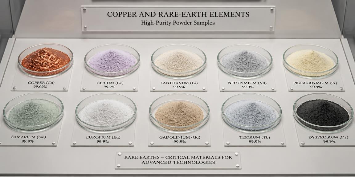 Lab specimen trays of copper and rare-earth powder arranged like a museum display